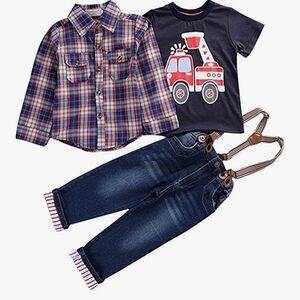 3-Piece Boys Outfit - Plaid Shirt, Fire Truck Tee & Denim Suspender Jeans
